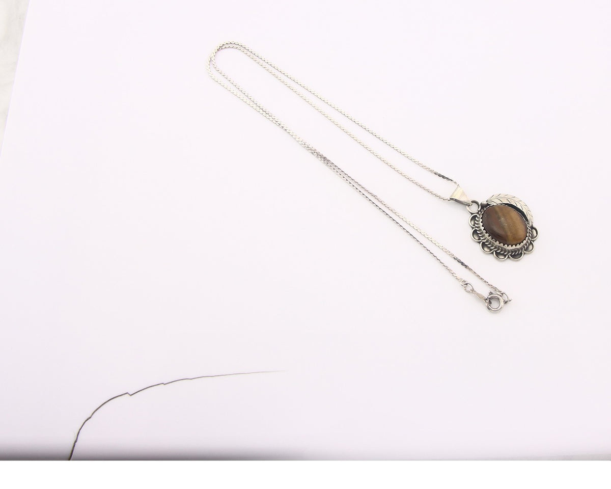 Navajo Sterling Silver Necklace Authentic Tiger Eye Sapphire Vintage Handmade