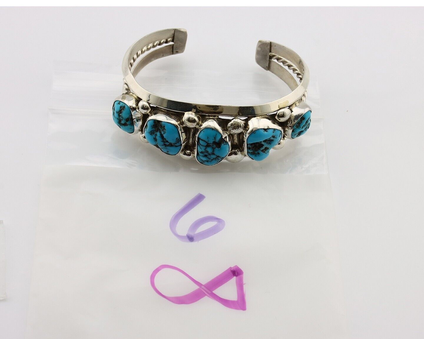 Navajo Bracelet 925 Silver Nugget Sleeping Beauty Turquoise Artist Signed JR C80