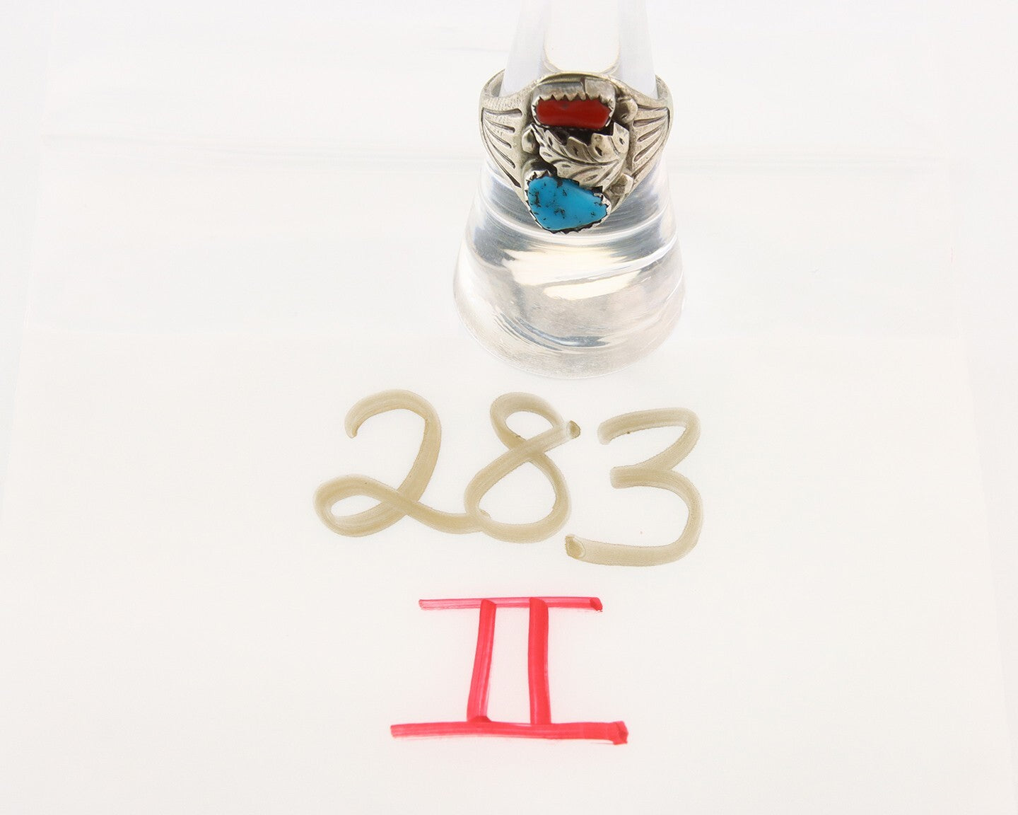 Navajo Ring 925 Sterling Turquoise & Coral Native Artist C.80's Size 7.5