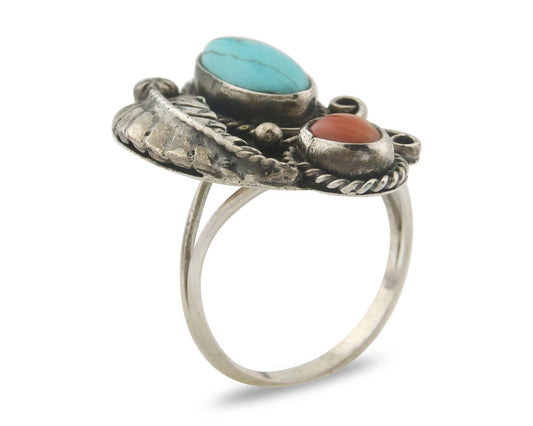 Navajo Ring 925 Sterling Natural Coral & Turquoise Signed EH C.80's Size 7.0