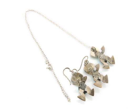 Navajo Turtle Necklace Earrings Set Sterling Silver Turquoise Vintage Signed JJ