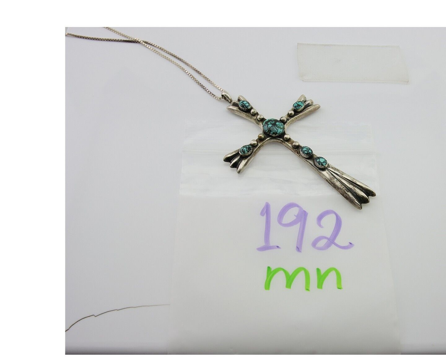 Navajo Sand Cast Cross Pendant 925 Silver Turquoise Signed FJ Begay C.80's
