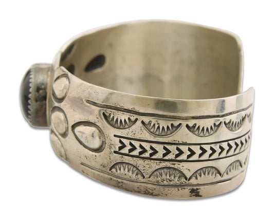 Navajo Bracelet 925 Silver Natural Onyx Cuff Artist Signed HRM C.80's