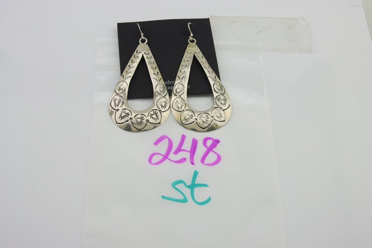 Navajo Dangle Earrings 925 Silver Hand Stamped Native American Artist C.80's