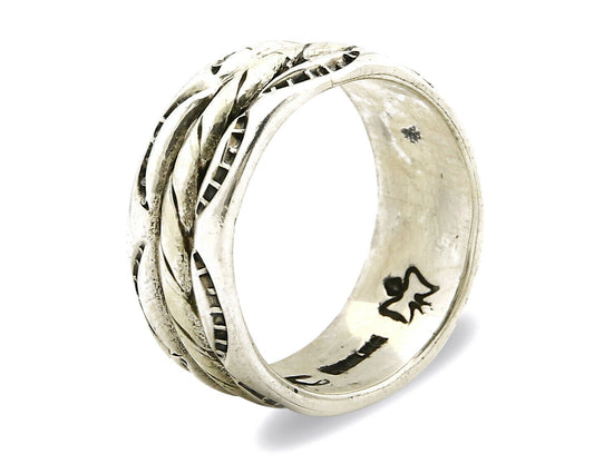 Navajo Ring .925 Silver Handmade Hand Stamped 3 Row Rope Band C.1980's 8.25