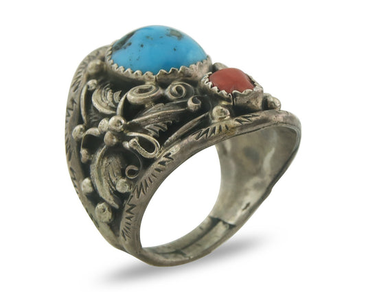 Navajo Ring 925 Sterling Natural Coral & Turquoise Native Artist C.80's Size 9.0