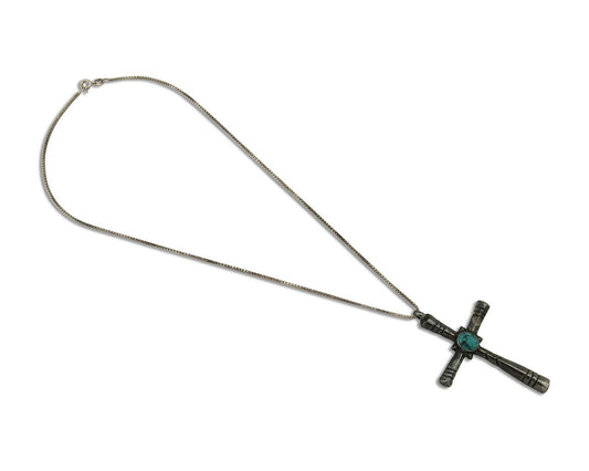 Navajo Sand Cast Cross Pendant 925 Silver Turquoise Native Artist C.80s