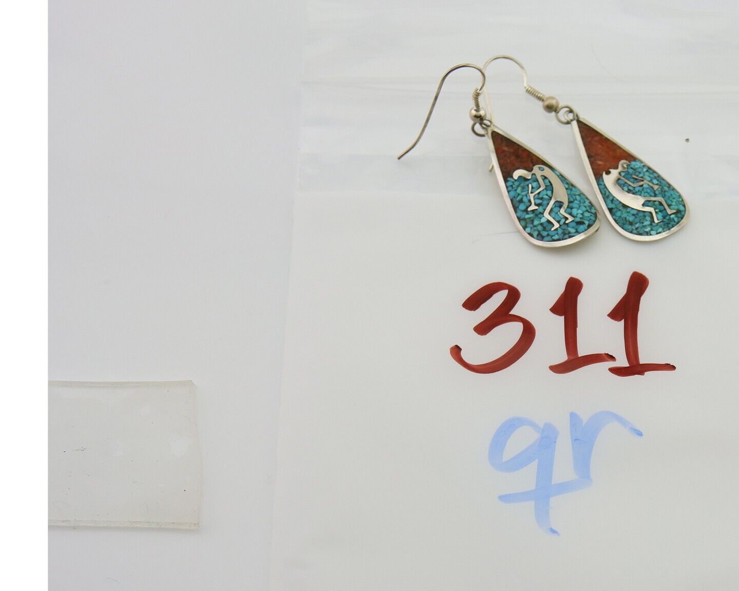 Navajo Kokopelli Earrings 999 Nickel Chip Inlay Turquoise Coral Native American