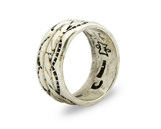 Navajo Ring .925 Silver Handmade Hand Stamped 3 Row Rope Band C.1980's Size 6.0