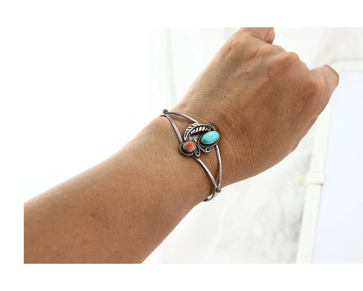 Navajo Cuff Bracelet Sterling Silver Gemstone Native American Artist C.80's