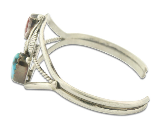 Vintage Navajo Bracelet 925 Silver Red Coral Turquoise Signed Paul J