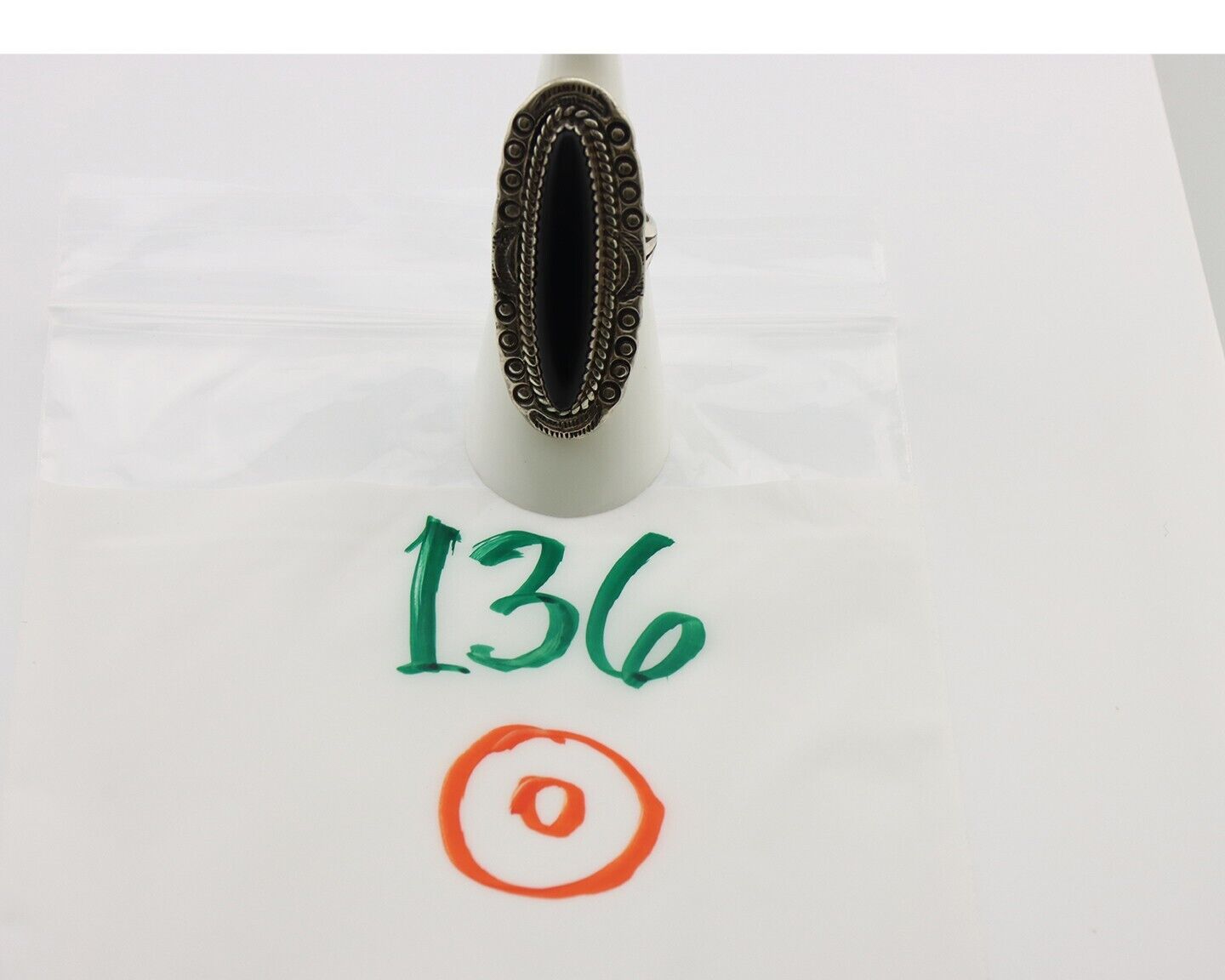 Navajo Ring 925 Silver Onyx Hand Stamped Native American Artist C.80's