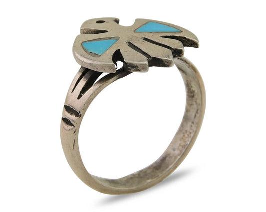 Navajo Handmade Bird Ring 925 Silver Turquoise Native Artist C.80's