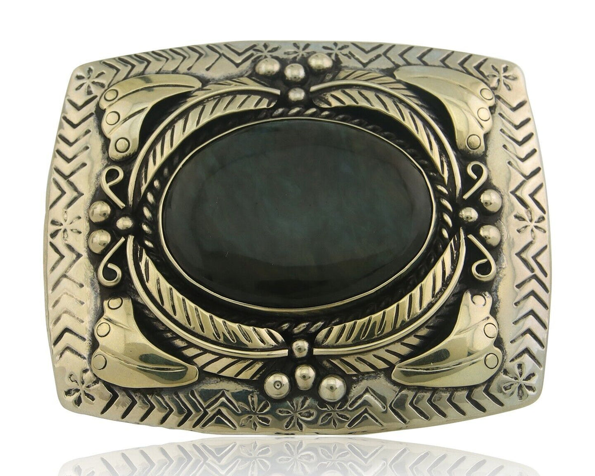 Navajo Belt Buckle .999 Nickel Agate Native Artist Handmade 2.5 x 3.0 in C.80s
