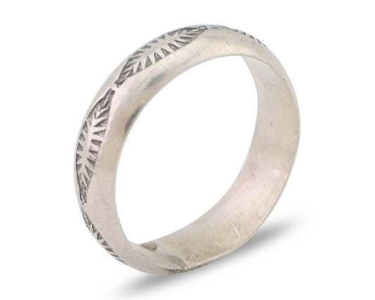 Navajo Hand Stamped Band 925 Silver 6.0 mm Signed Larry Chavez Size 10.5 C.80's