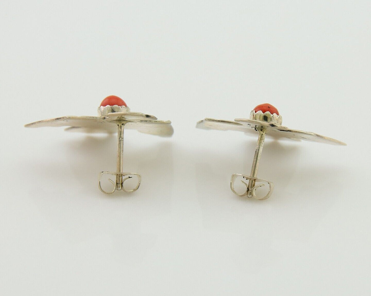 Navajo Thunderbird Earrings 925 Silver Natural Red Coral Native Artist C.80's