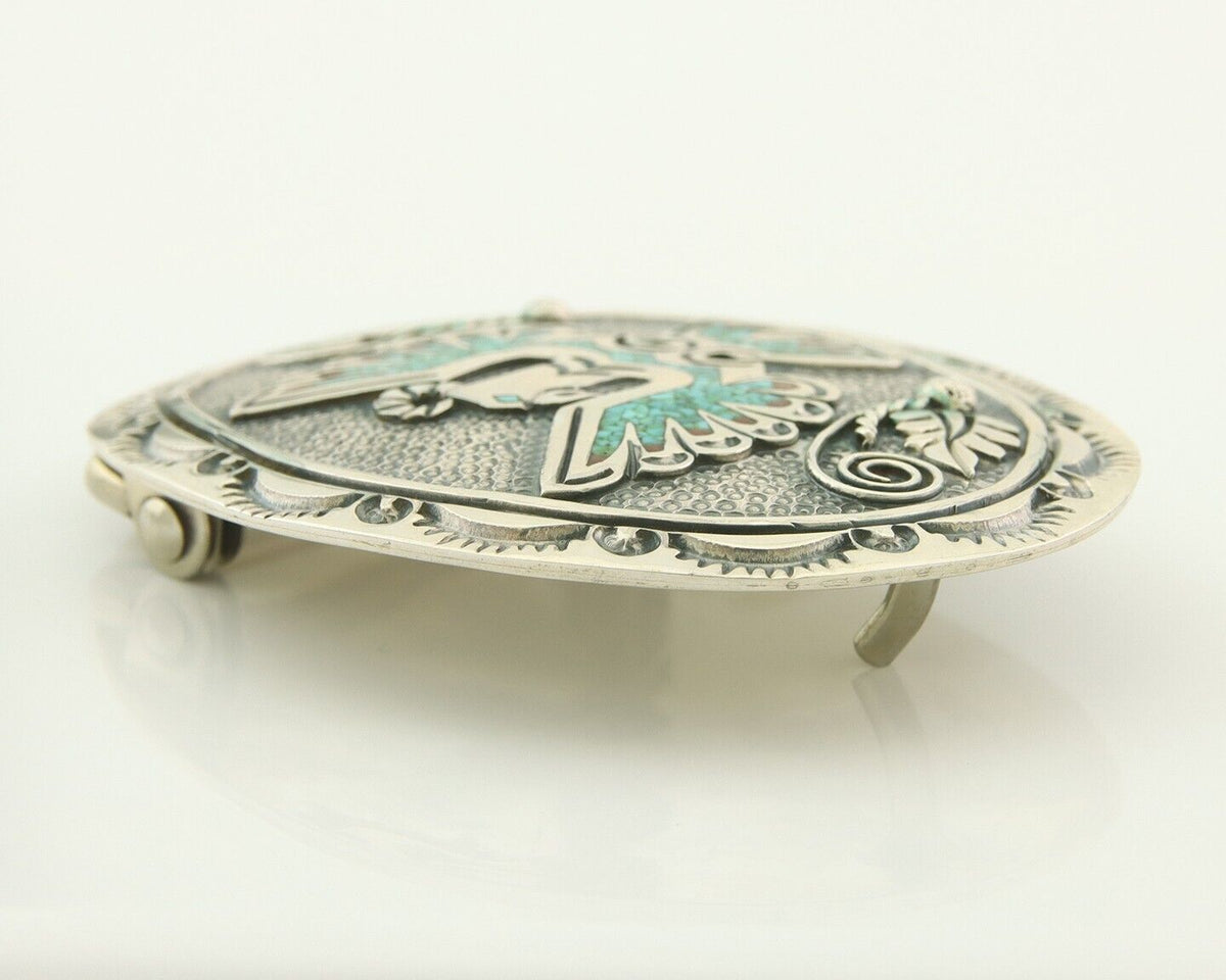 Vintage Navajo Belt Buckle 925 Sterling Silver Inlaid Gemstone Stanely Bain