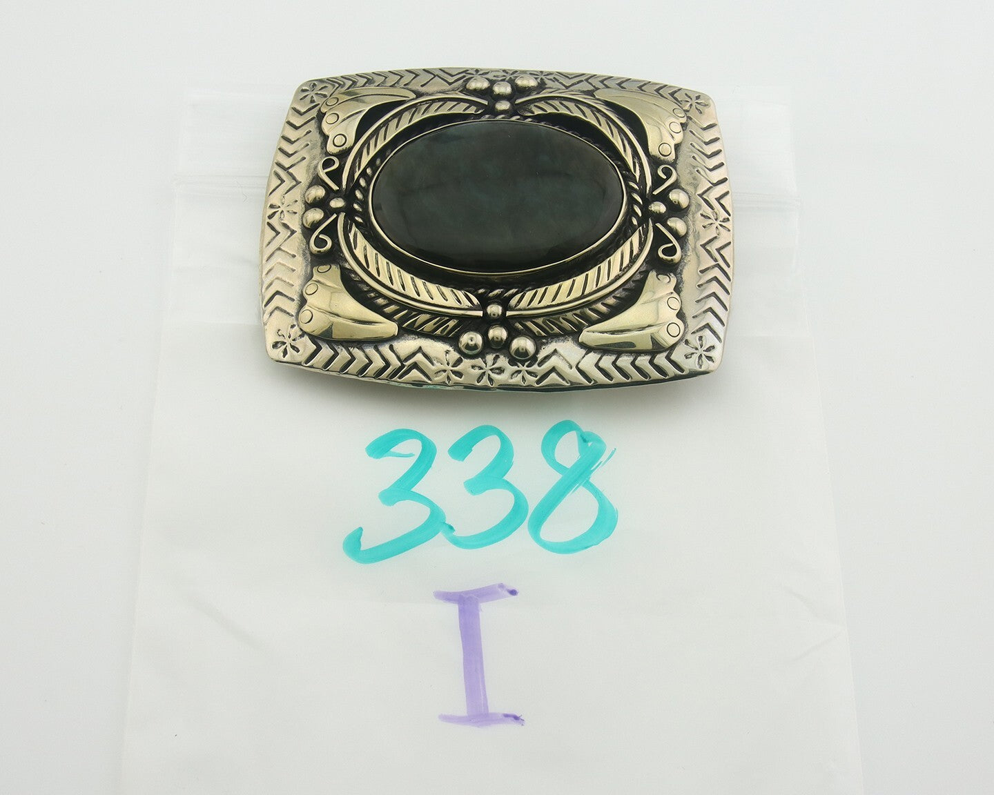 Navajo Belt Buckle .999 Nickel Agate Native Artist Handmade 2.5 x 3.0 in C.80s