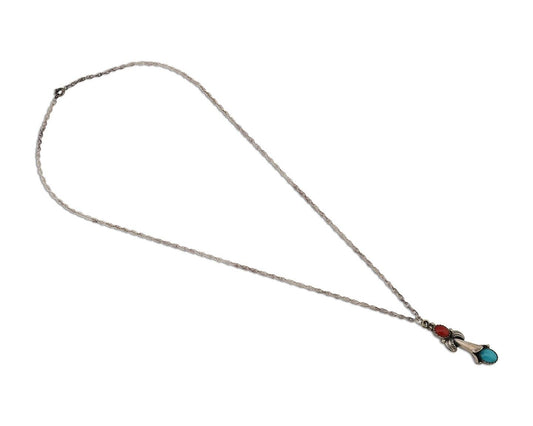 Navajo Necklace 925 Silver Turquoise & Coral Native American Artist C.90's