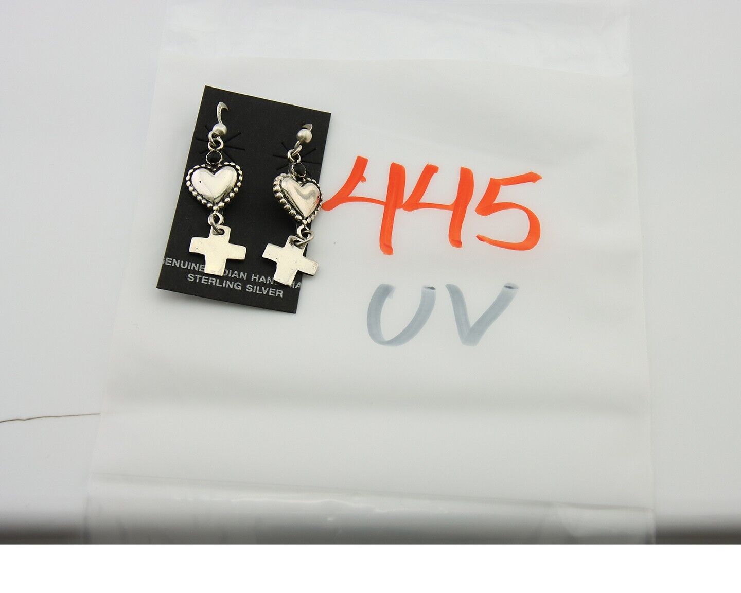 Navajo Earrings 925 Silver Heart Cross Natural Onyx Native American Artist C.80s