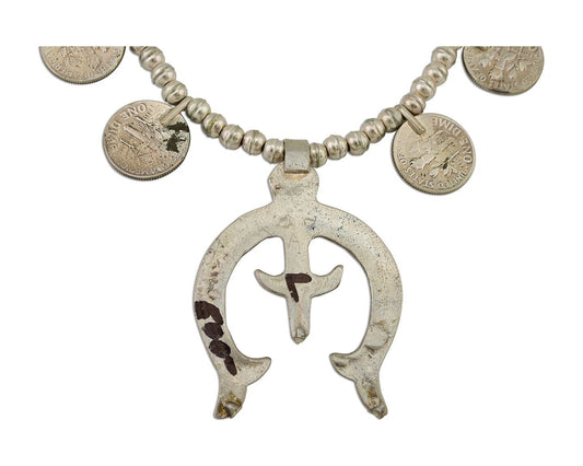 Old Navajo Silver Dime 925 Silver Bead Necklace Native Artist C.80's