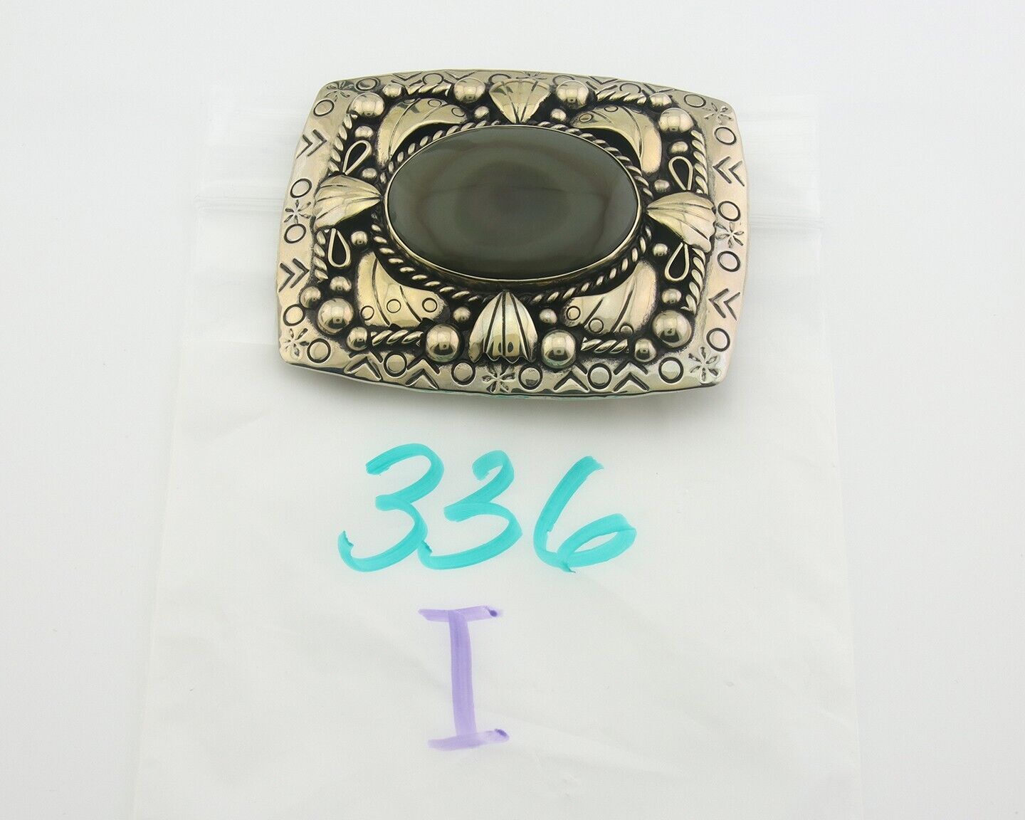 Navajo Belt Buckle .999 Nickel Agate Native Artist Handmade 2.5 x 3.0 in C.80s