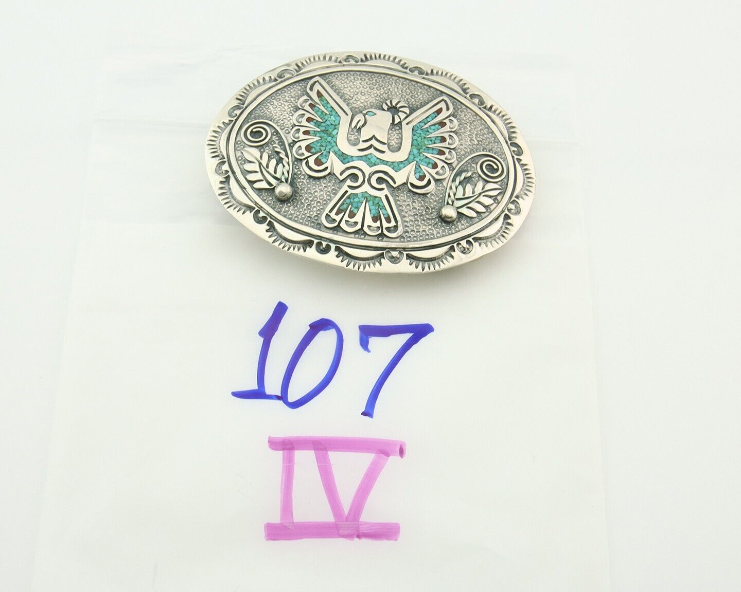 Vintage Navajo Belt Buckle 925 Sterling Silver Inlaid Gemstone Stanely Bain