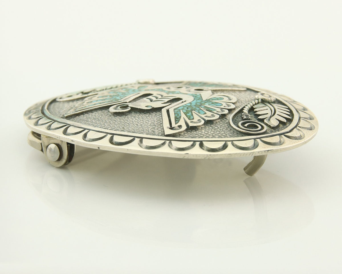 Vintage Navajo Belt Buckle 925 Silver Inlaid Eagle Turqouise Signed Stanley Bain