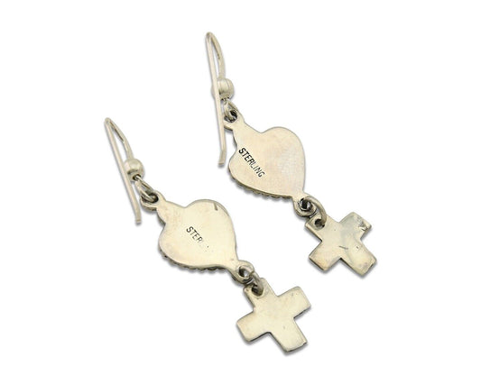 Navajo Earrings 925 Silver Heart Cross Turquoise Native American Artist C.80's