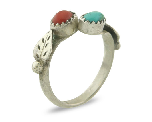 Vintage Navajo Band 925 Sterling Turquoise & Coral Native Artist Size Size 6.0