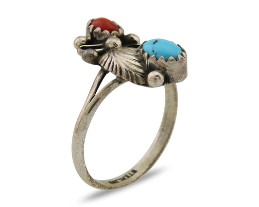 Navajo Handmade Ring 925 Silver Turquoise & Coral Native Artist C.80's