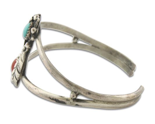 Vintage Navajo Bracelet 925 Silver Red Coral Turquoise Authentic
