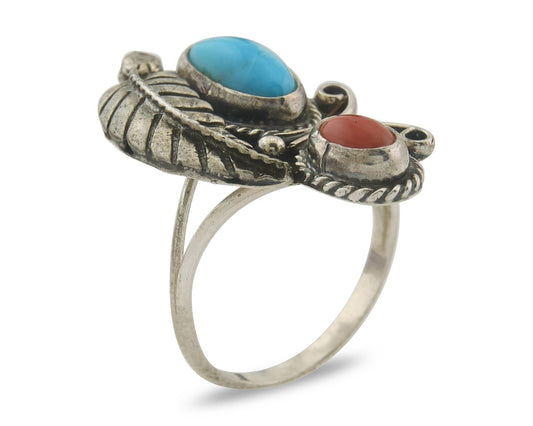 Navajo Ring 925 Sterling Natural Coral & Turquoise Signed EH C.80's Size 7.5