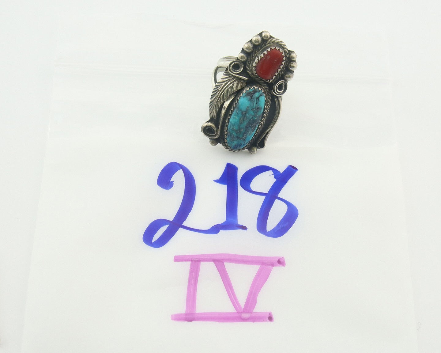 Navajo Ring 925 Sterling Natural Coral & Turquoise Signed JM C.80's Size 8.5