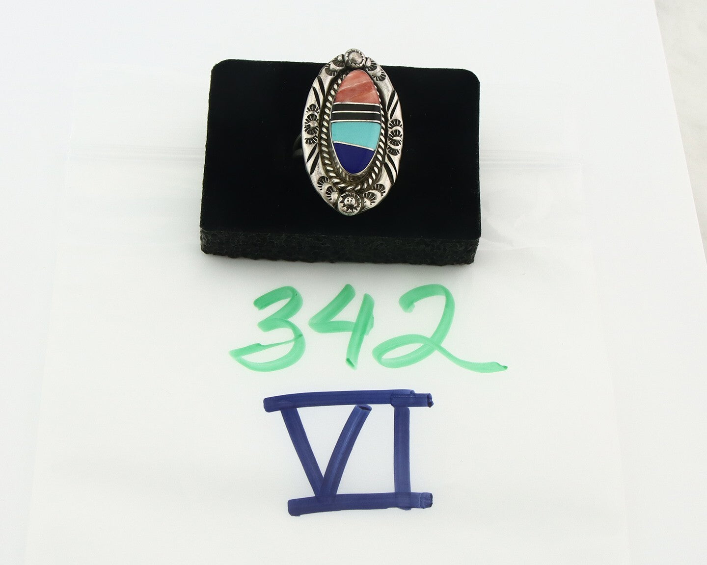 Vintage Zuni Ring 925 Sterling Silver Gemstone Signed V&N Edsitty Size 8.5