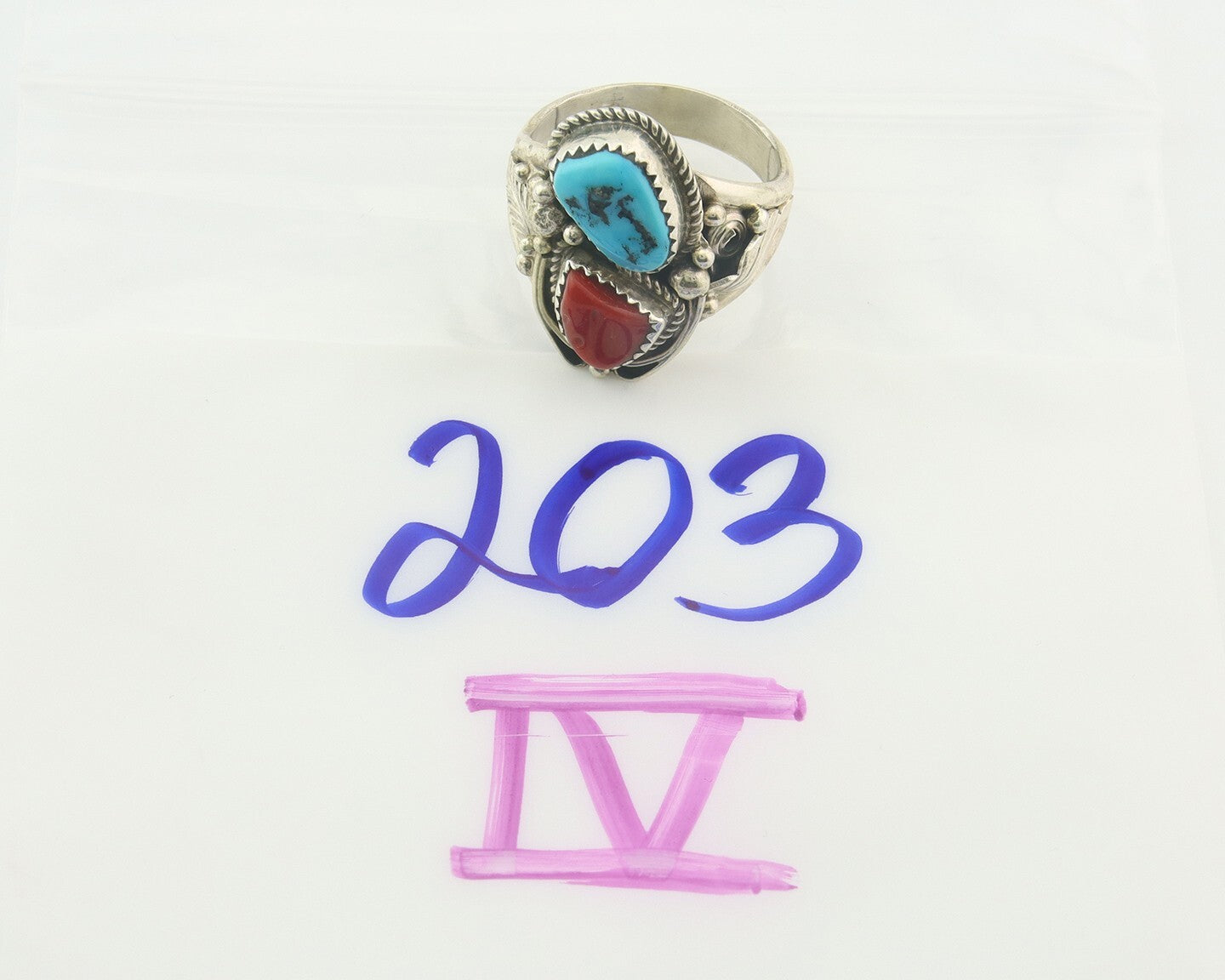 Men Navajo Ring 925 Sterling Natural Coral & Turquoise Signed JM C.80's Sz 11.75