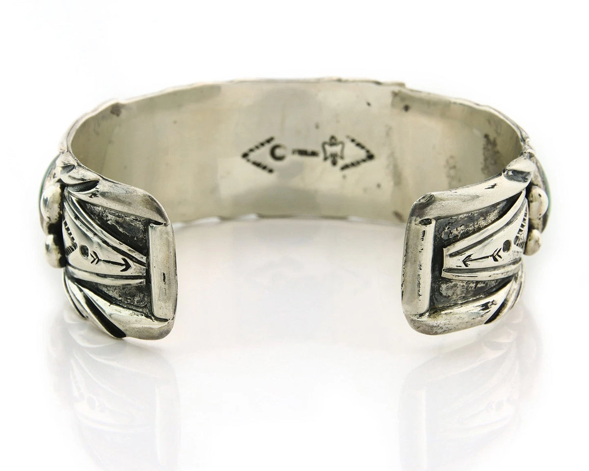 Men Navajo Cuff Bracelet Sterling Silver Malachite Vintage Signed C Montoya