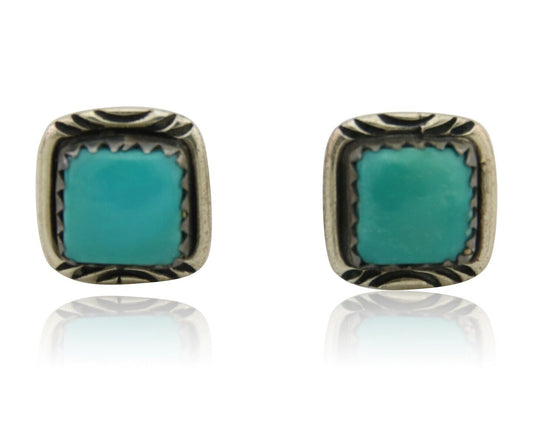 Navajo Hand Stamped Earrings 925 Silver Blue Turquoise Native Artist C.80's