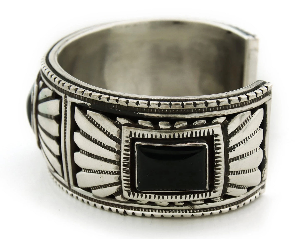 Navajo Cuff Bracelet Sterling Silver Black Onyx Vintage Signed Alvin Yazzie