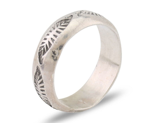 Navajo Hand Stamped Band 925 Silver 6.0 mm Signed Larry Chavez Size 6.5 C.80's