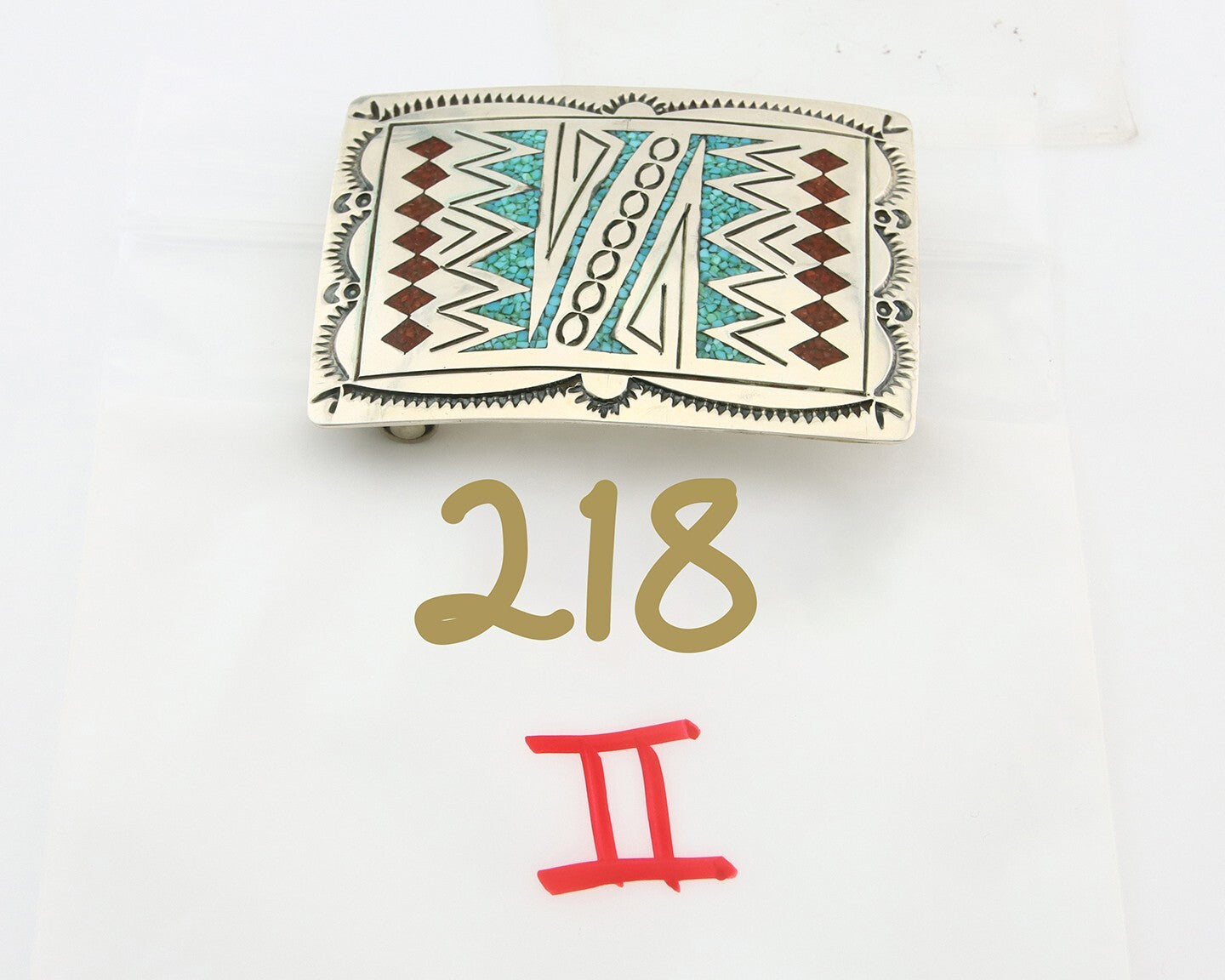 Navajo Belt Buckle 925 Sterling Silver Turquoise Coral Signed Stanley Bains C80s