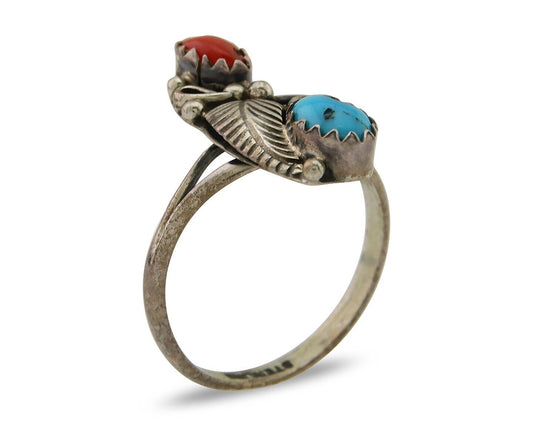 Navajo Handmade Ring 925 Silver Turquoise & Coral Native Artist C.80's