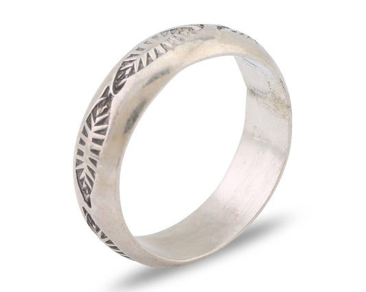 Navajo Hand Stamped Band 925 Silver 6.0 mm Signed Larry Chavez Size 9.25 C.80's