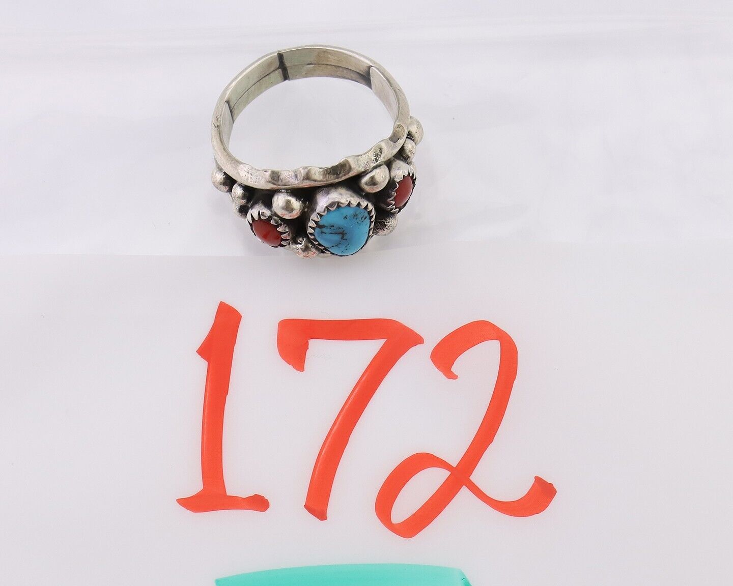 Navajo Ring 925 Silver Coral Turquoise Artist Signed Ella Cowboy C.80's