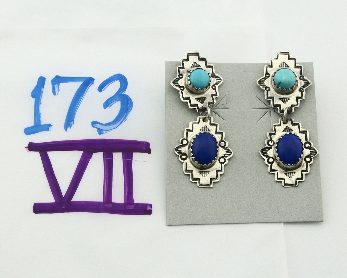 Navajo Earrings Sterling Silver Lapis & Truquoise Vintage Signed Mary Ellen