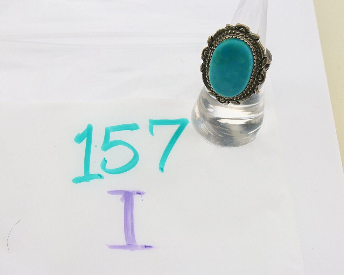 Navajo Ring 925 Sterling Natural Blue Turquoise Signed TALHAT C.80's Size 6.0