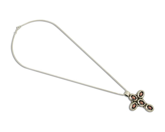 Navajo Cross Necklace 925 Silver Pink Coral Artist Signed G C80s