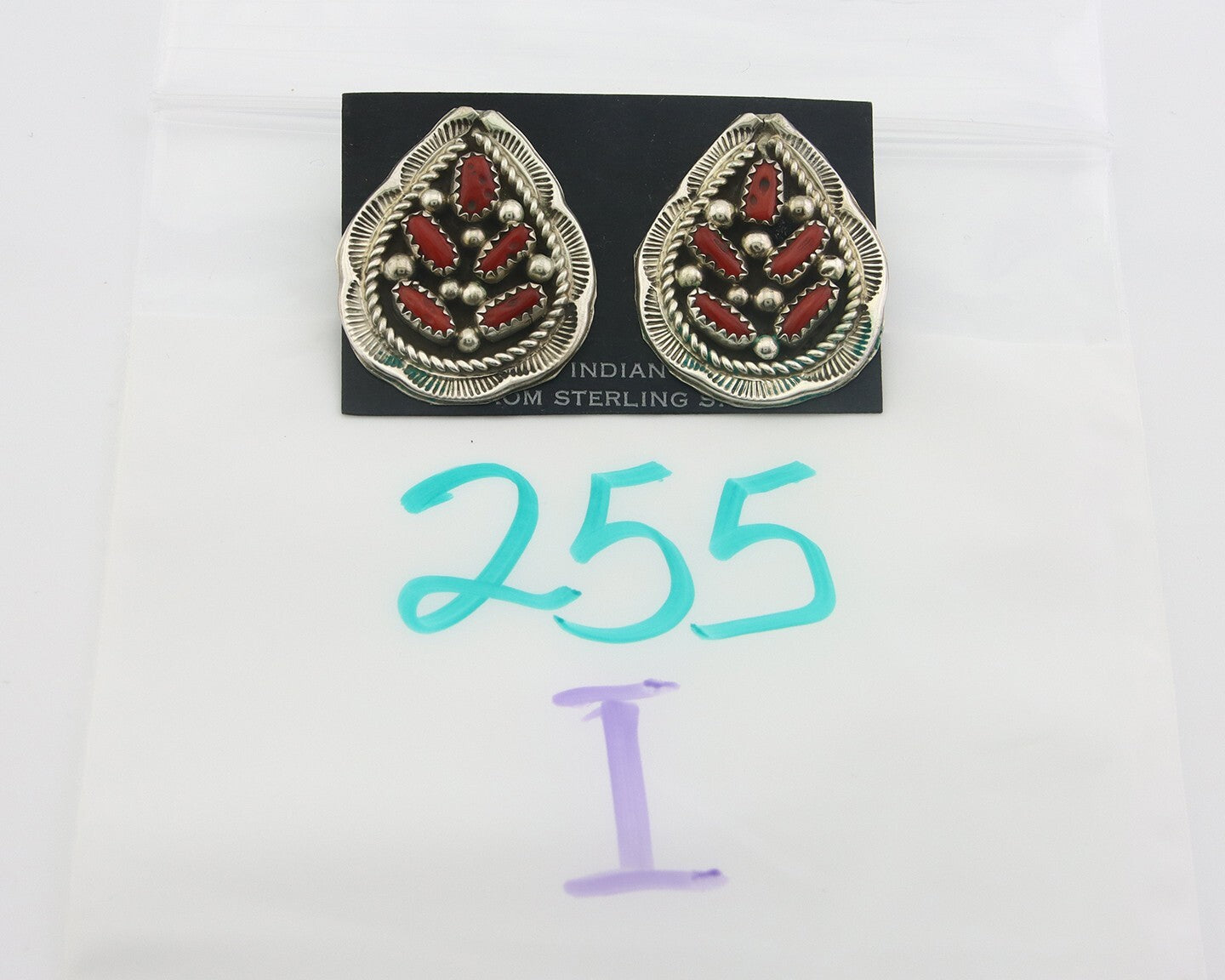 Navajo Earrings 925 Silver Natural Coral Native American Artist C.80's
