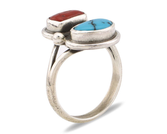 Navajo Ring 925 Silver SB Turquoise & Red Coral Native American Artist C.80s