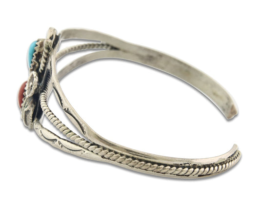 Vintage Navajo Bracelet 925 Silver Red Coral Turquoise Signed C